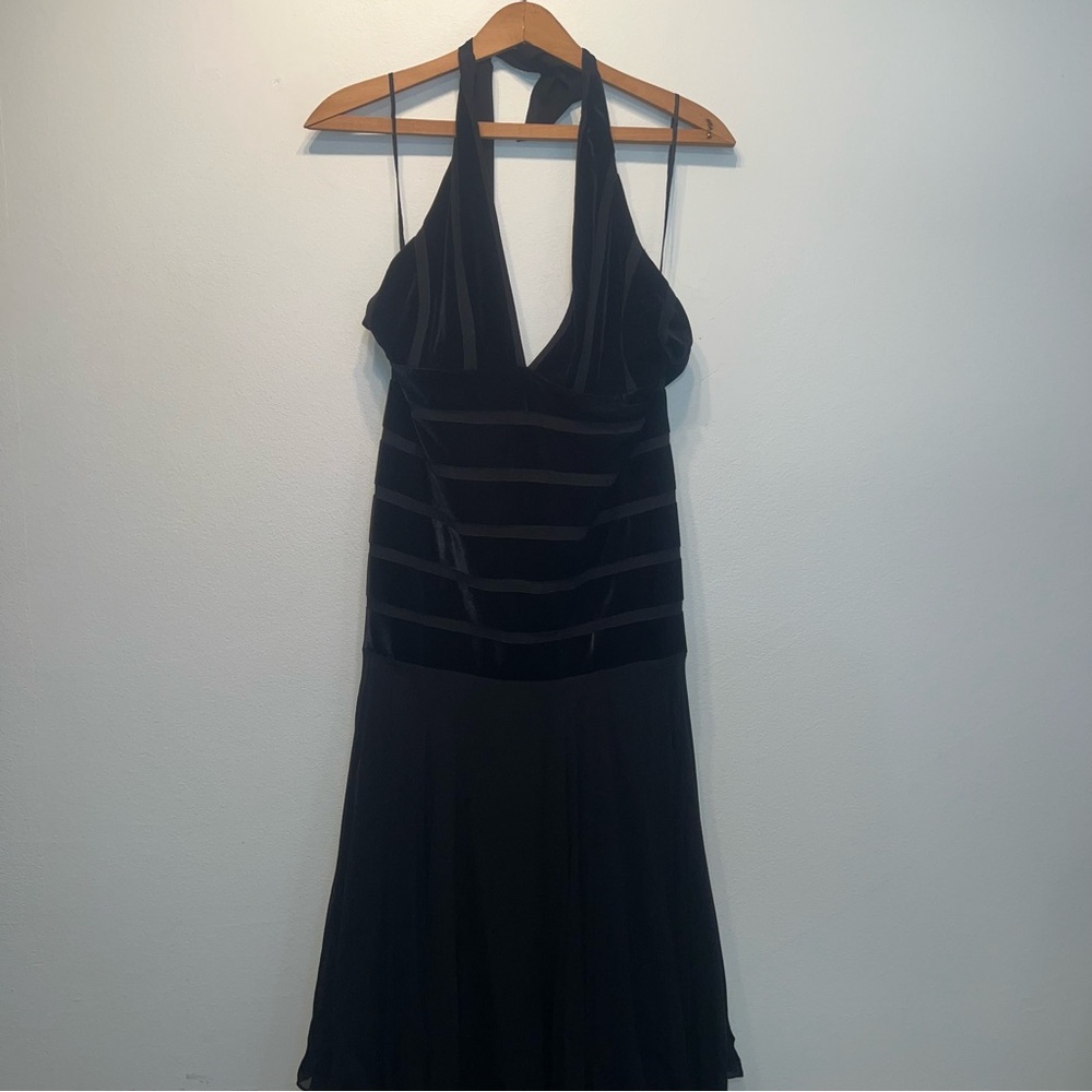 NWT JS Collections Black Silk/Velvet/Sheer Skirting Halter Neck Hi Low Hem Sz 12